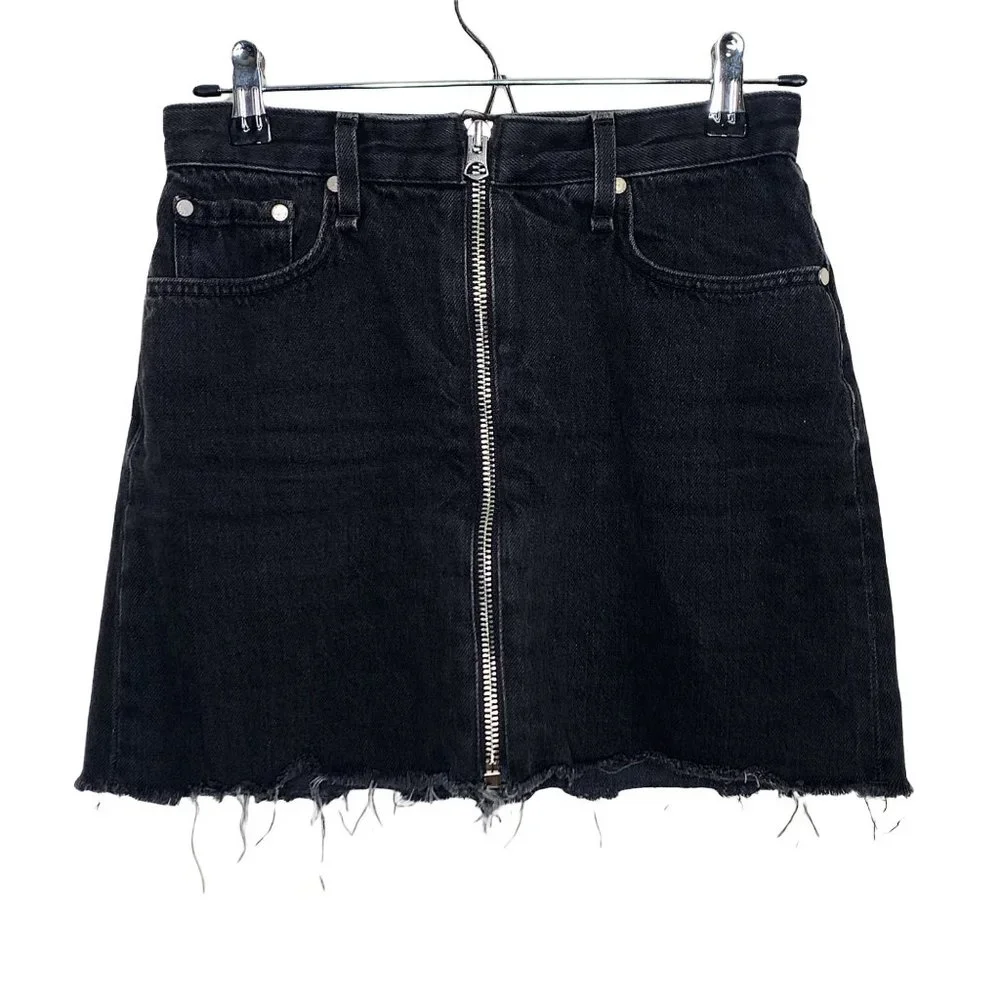 rag & bone Anna Raven Black Raw Hem Full Zip Front Mini Skirt Denim Size 24 - Picture 2 of 12